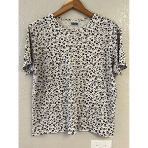 Basic Editions Womens White Ribbed Navy Blue Floral Short Sleeve Crew Neck Top